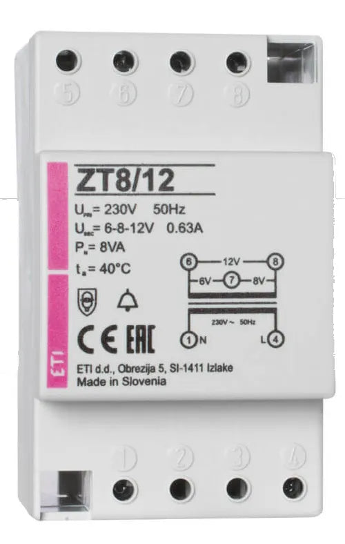 ETI Klingeltransformator 230V 6/8/12V ZT 8/12 1,89/0,94/0,63A REG 4TE
