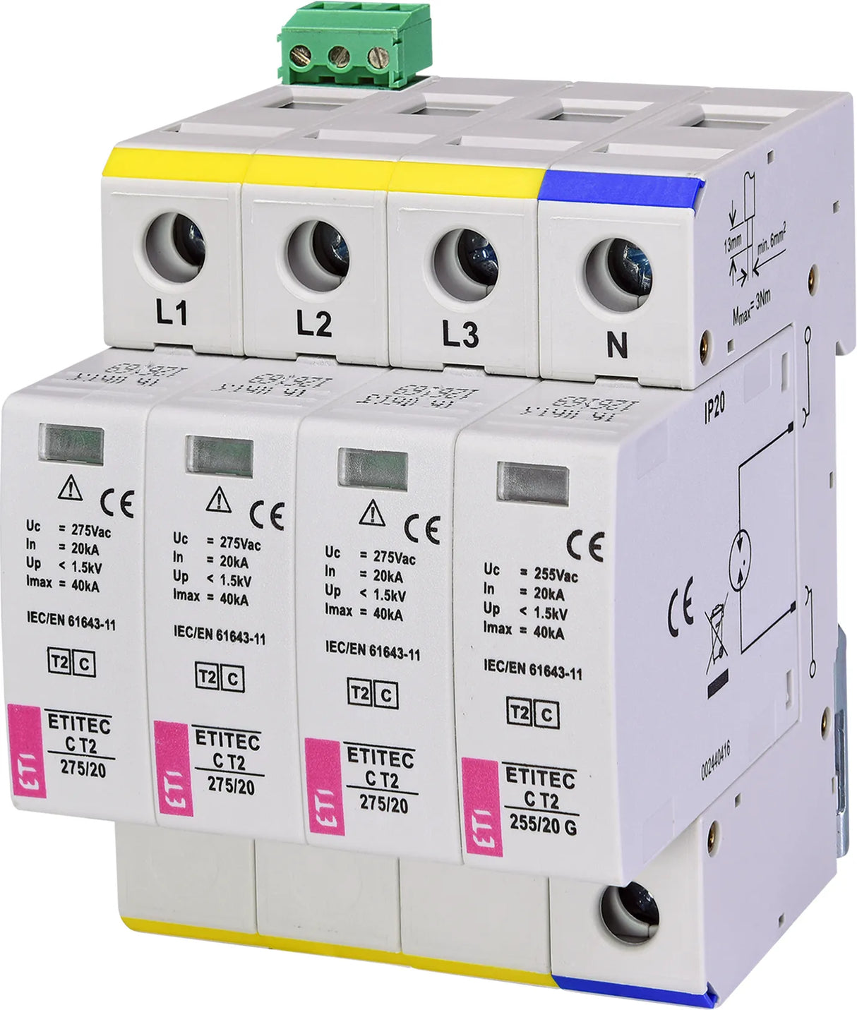 ETI Überspannungsableiter 275VAC 275VDC SPD C T2 275/20 3+1 RC Netzform-TN-S/TT