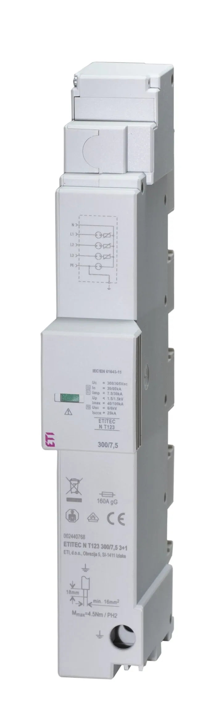 ETI Überspannungsableiter 300VAC 300VDC ETITEC N T123 300/12,5 3+1 Netzform-TN-S