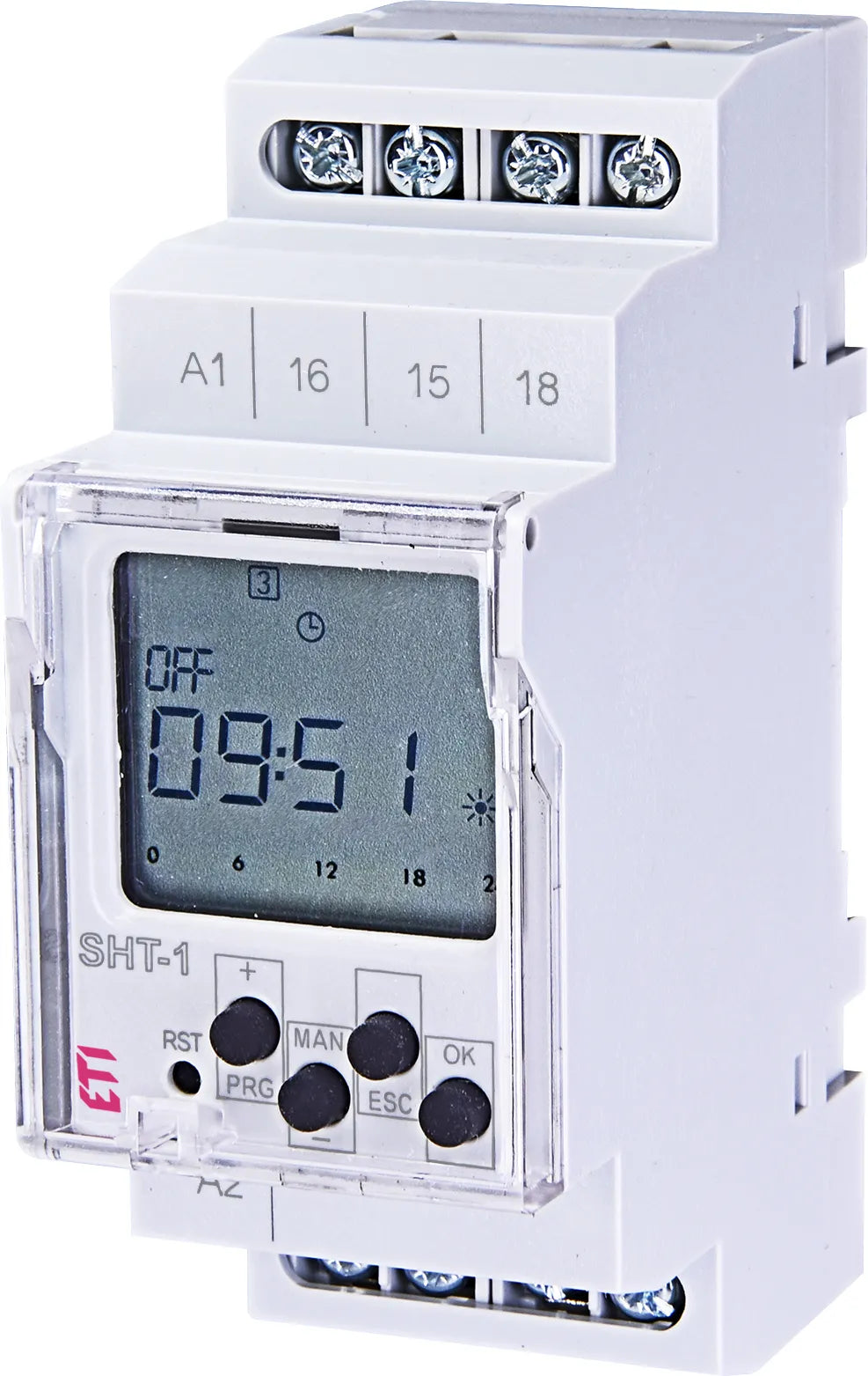 ETI Schaltuhr digi 12-240VUC 1kan 26280h SHT-1/UNI 2TE REG 24h Prog Potfrei.Kont