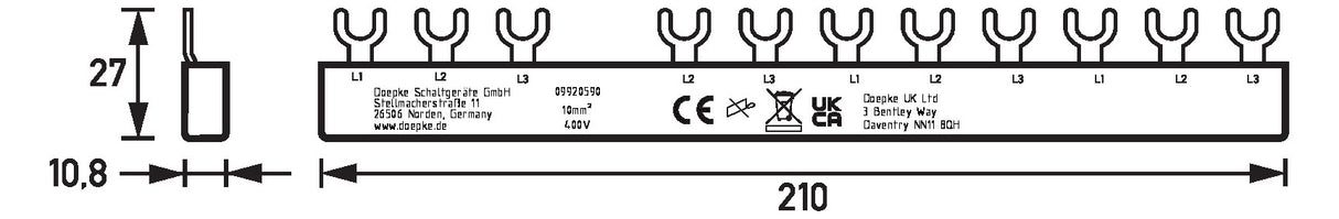 DOEPKE Phasenschiene 3+N 17,5mm 210mm Eurovario EV-S G 3/N.8.120E 10qmm 63A