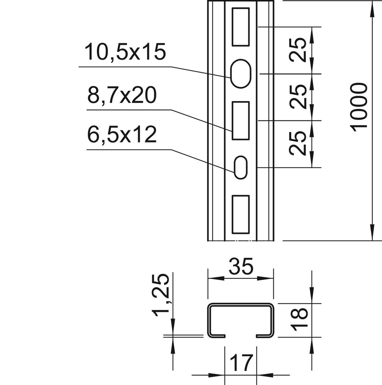 BETTERMANN C-Profilschiene ST 17mm CML3518P1000FT 1000x35x18mm D1,25mm