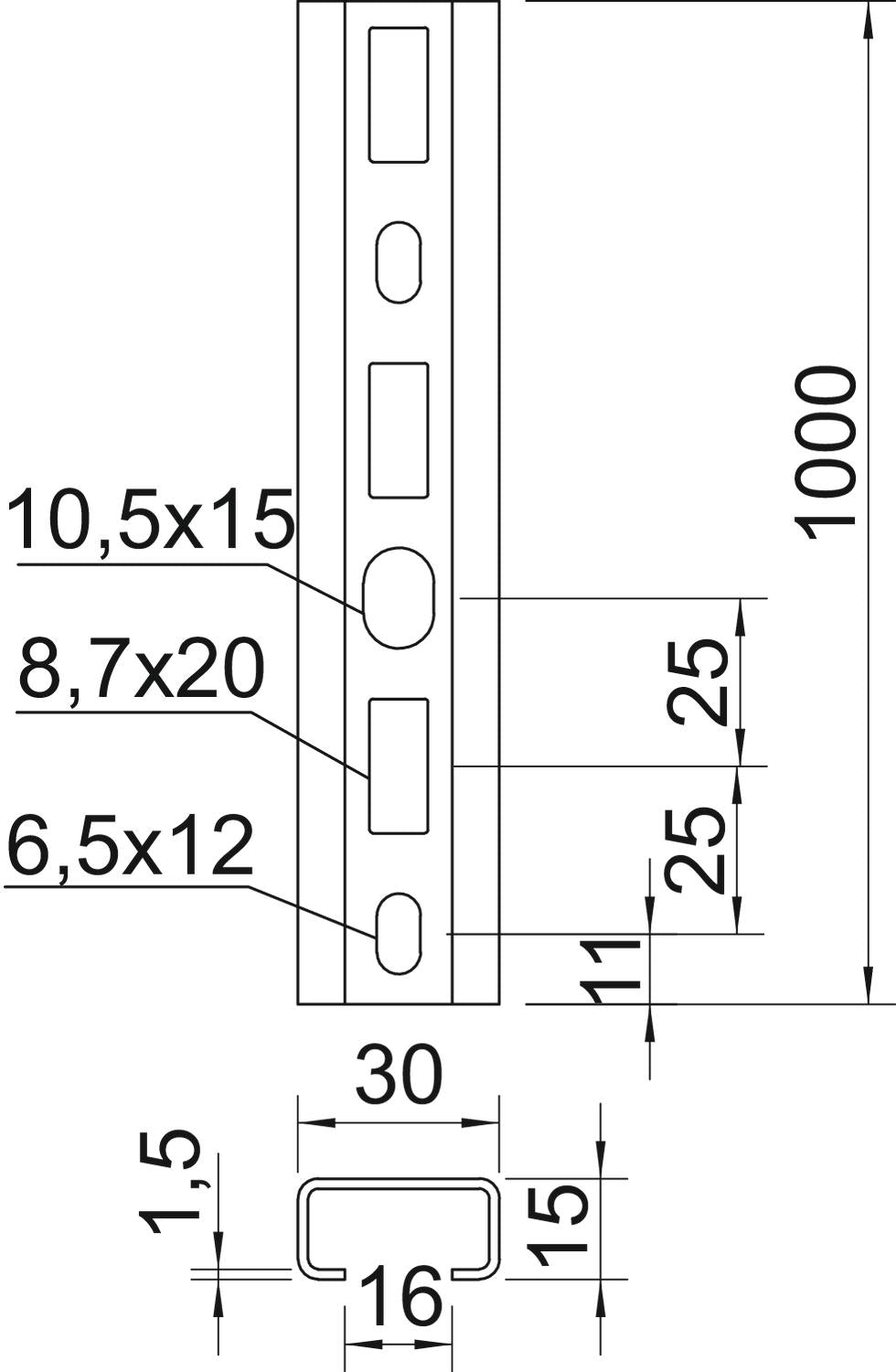 BETTERMANN C-Profilschiene ST 16mm CM3015P1000FT 1000x30x15mm D1,5mm