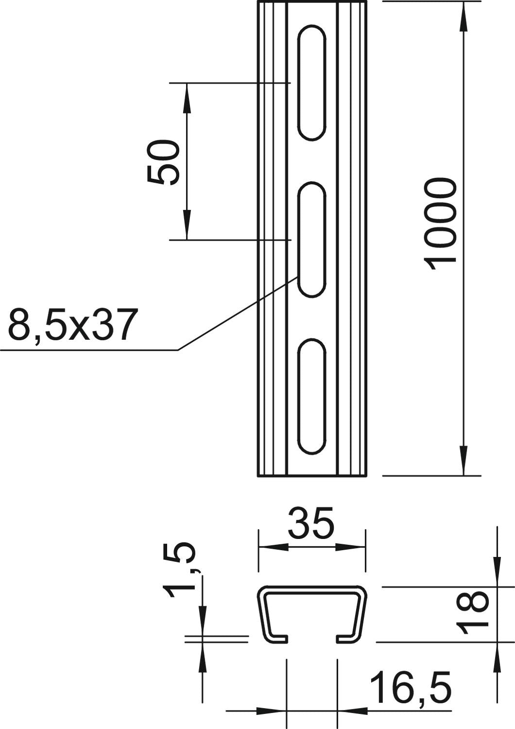 BETTERMANN C-Profilschiene ST 16,5mm AML3518P1000FT 1000x35x18mm D1,5mm