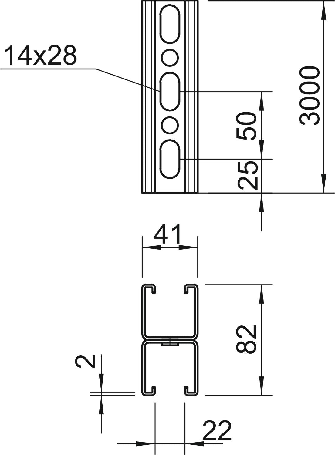 BETTERMANN C-Profilschiene ST 22mm D2mm MS4182P3000FT 2000x41x82mm Steg_gel
