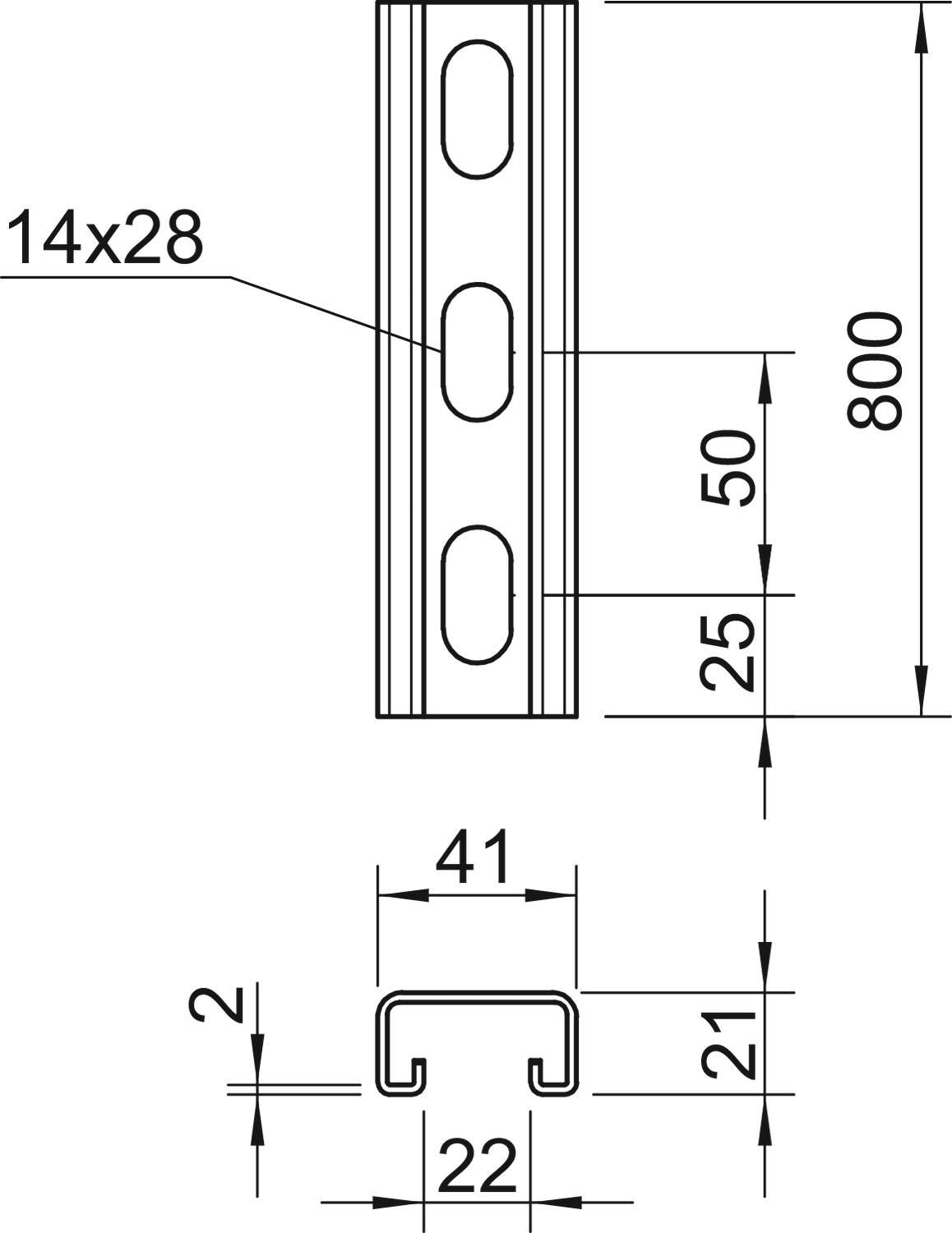 BETTERMANN C-Profilschiene ST 22mm D2mm MS4121P0800FT 800x41x21mm Rück_gel