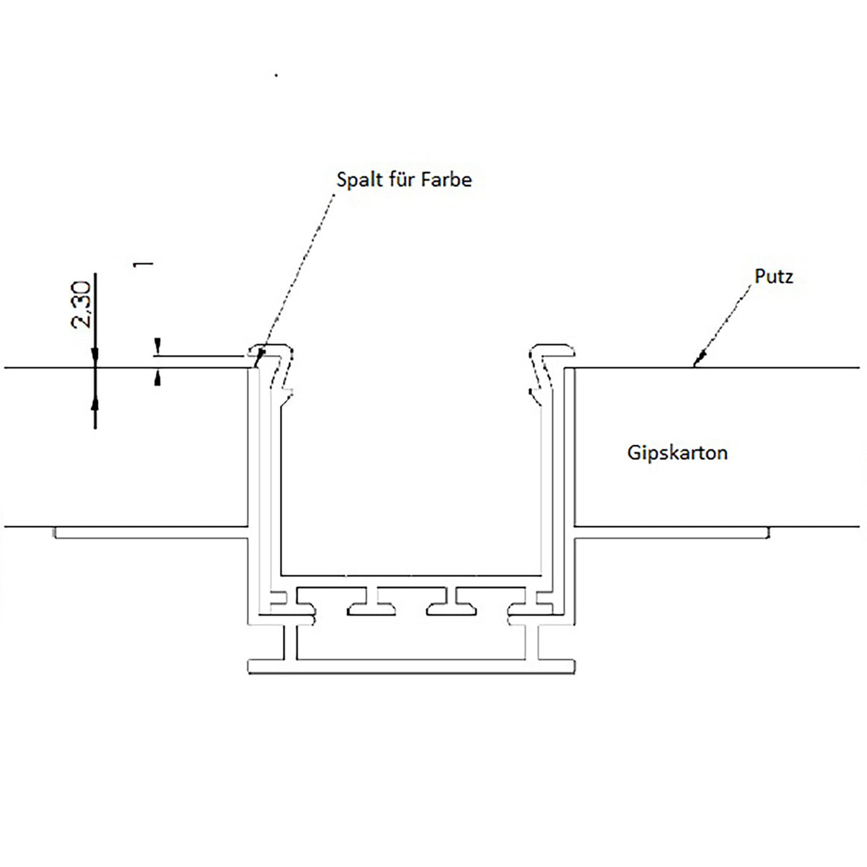 Installationskanal für Einbauprofile WING, L: 200cm für 15mm Rigips-Platten