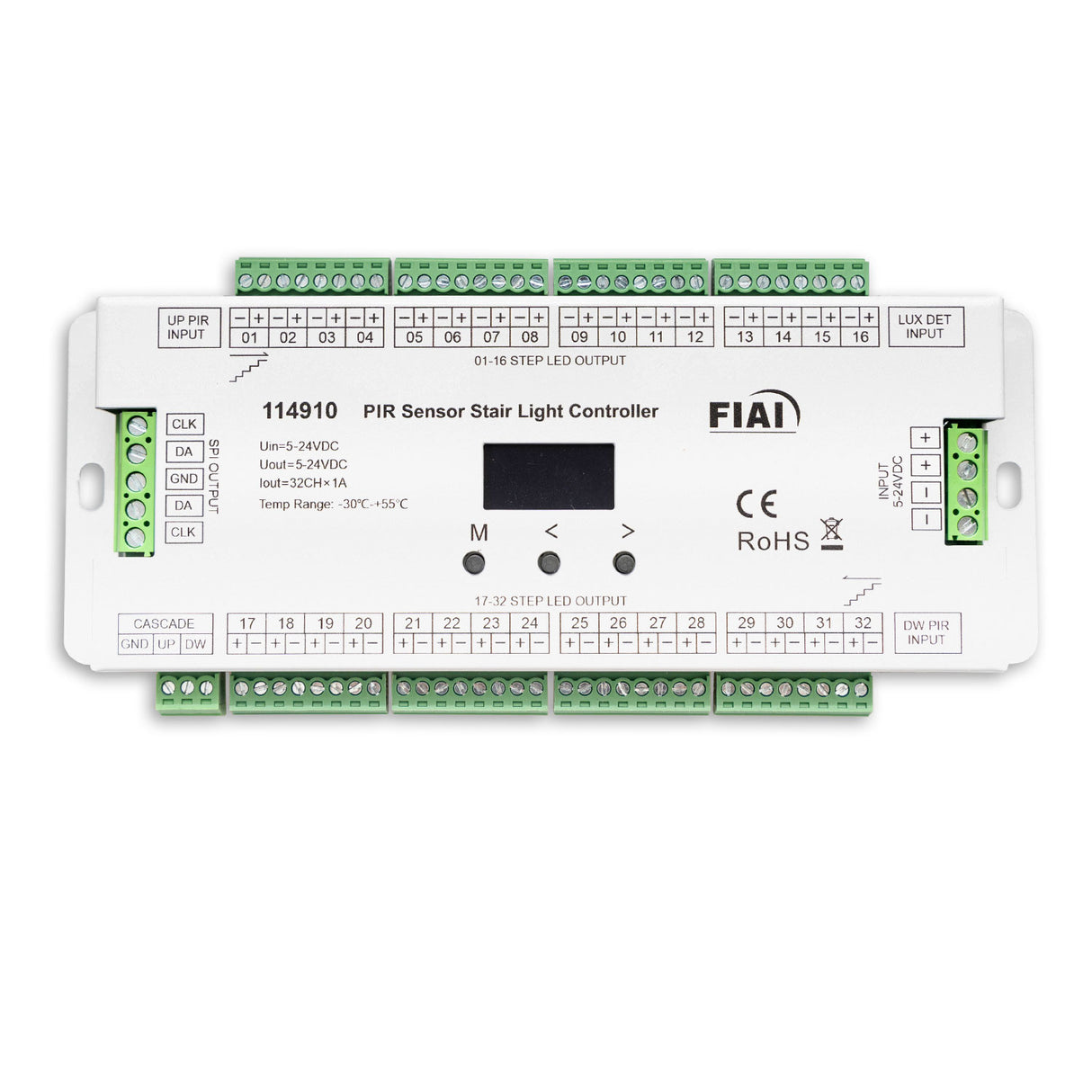 Treppen-Effekt PWM-Dimmer 5-24V DC, 32x1A + SPI-Output, 2 PIR Sensor + 2 Push-Tast Eingänge