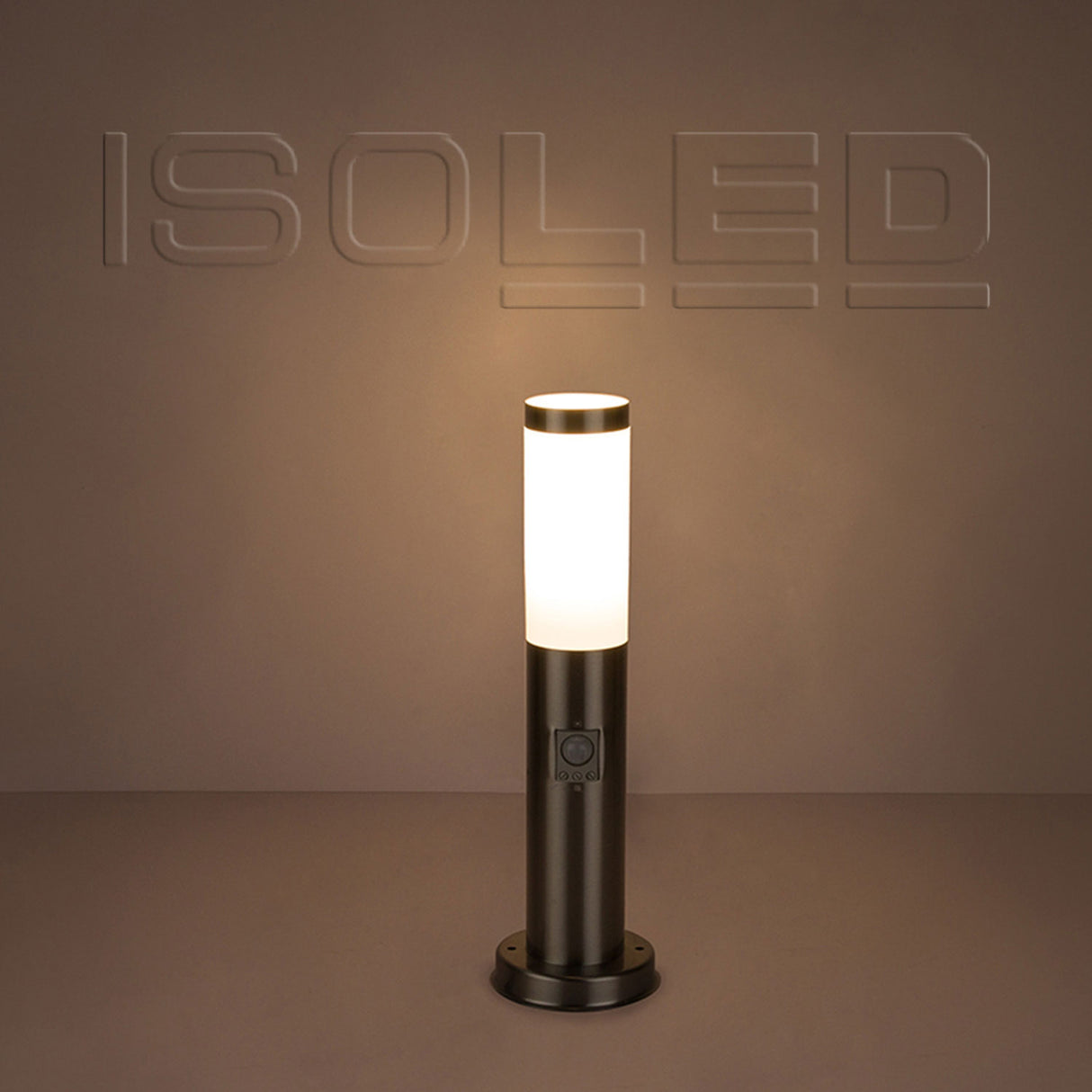 Pollerleuchte 450 Edelstahl, IP44, PIR Bewegungssensor, warmweiß, inkl. E27 LED Leuchtmittel 9W