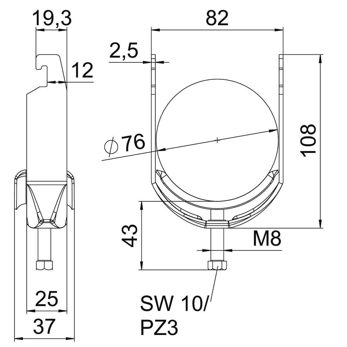 BETTERMANN Bügelschelle 70-76mm 1f ST BS-U1-M-76 A2 Profilschiene W=ST hfr