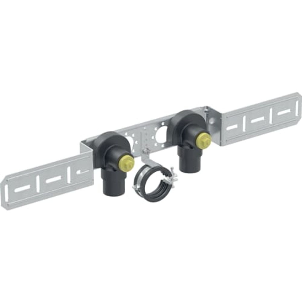 Geberit Mapress Anschlusswinkel 90° mit Außengewinde MF 1/2", vormontiert, zweifach, mit Ablaufrohrschelle, 632.871.00.2