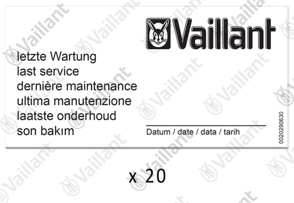 VAILLANT Wartungsaufkleber, (x20) VAS 106/4 (R1,2), 156/4 R1,2 u.w. Vaillant-Nr. , 0010027639