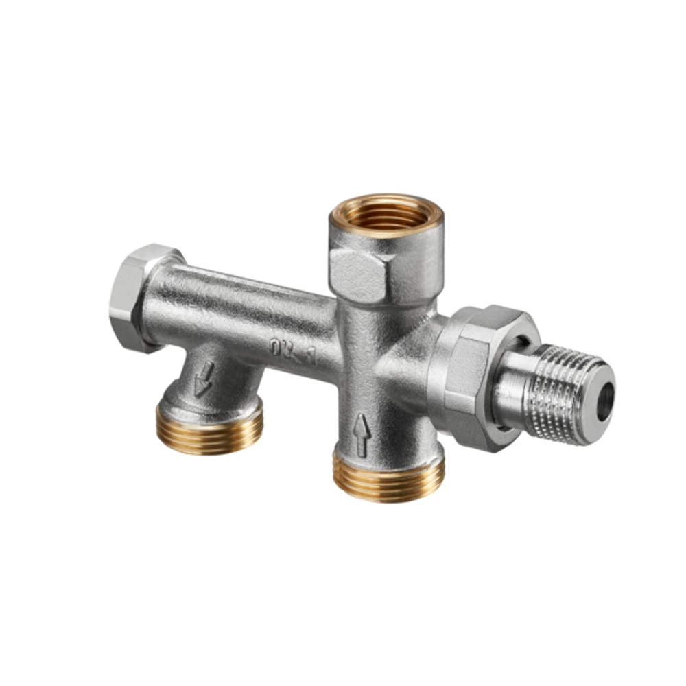OVENTROP Uno Einrohr-Anschlussstück mit stufenlos einstellbarem Bypass und Absperrung DN 15, G 3/4 AG, Rohrabstand 50 mm, mit Isolierverschraubung, 1013161