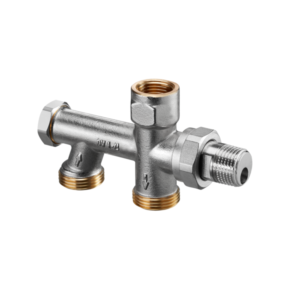OVENTROP Uno Einrohr-Anschlussstück mit stufenlos einstellbarem Bypass und Absperrung DN 15, G 3/4 AG, Rohrabstand 50 mm, mit Isolierverschraubung, für vertauschten Vor- und Rücklauf, 1013164