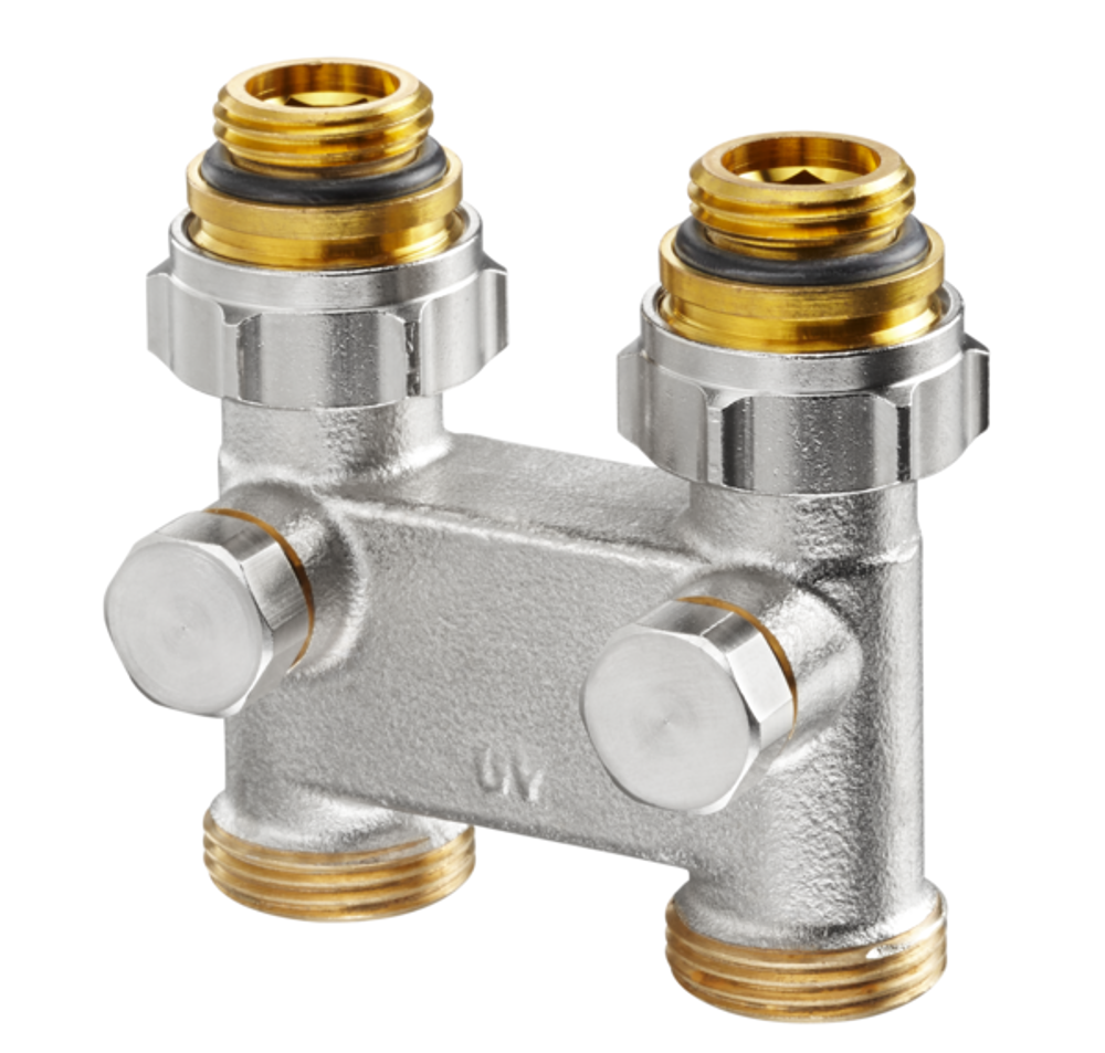 OVENTROP Umlenkstück Durchgang mit Absperrfunktion, G 1/2 AG x G 3/4 Eurokonus, Rohrabstand 50 mm, 1016363