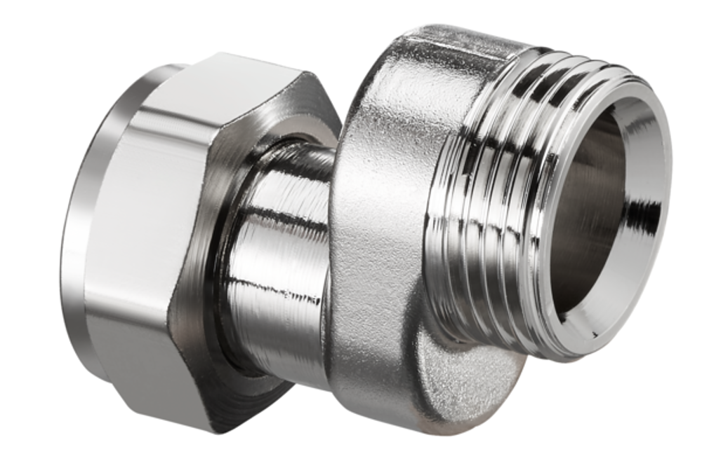 OVENTROP Ausgleichsverschraubung für unteren Anschluss, G 3/4 ÜM x G 3/4 AG, Ausgleich Achsabstand: 11,5 mm, Länge: 43 mm, 1019451