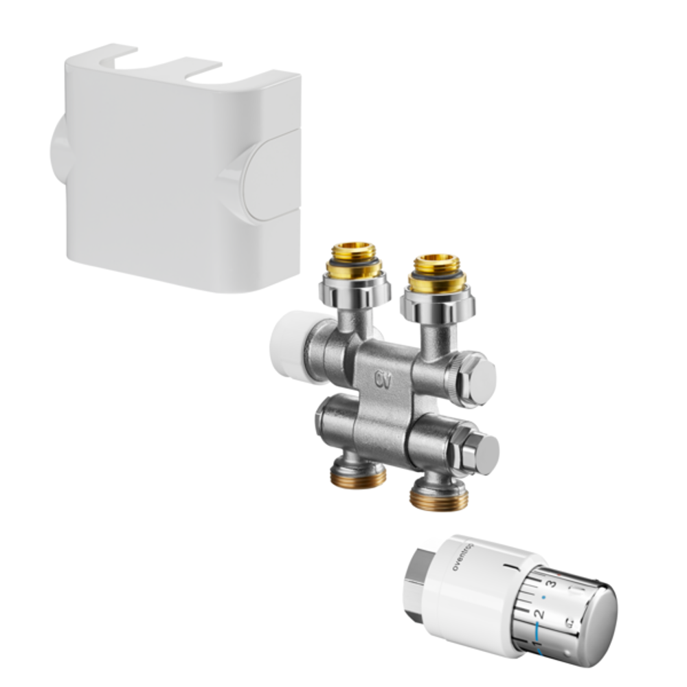 OVENTROP Set mit Multiblock TFU schwenkbar und Uni SH für Heizkörperanschluss G 1/2 IG, mit Hahnblock Multiblock TFU, Designabdeckung, Thermostat Uni SH und SH-Cap, weiß/Chrom, 1184135