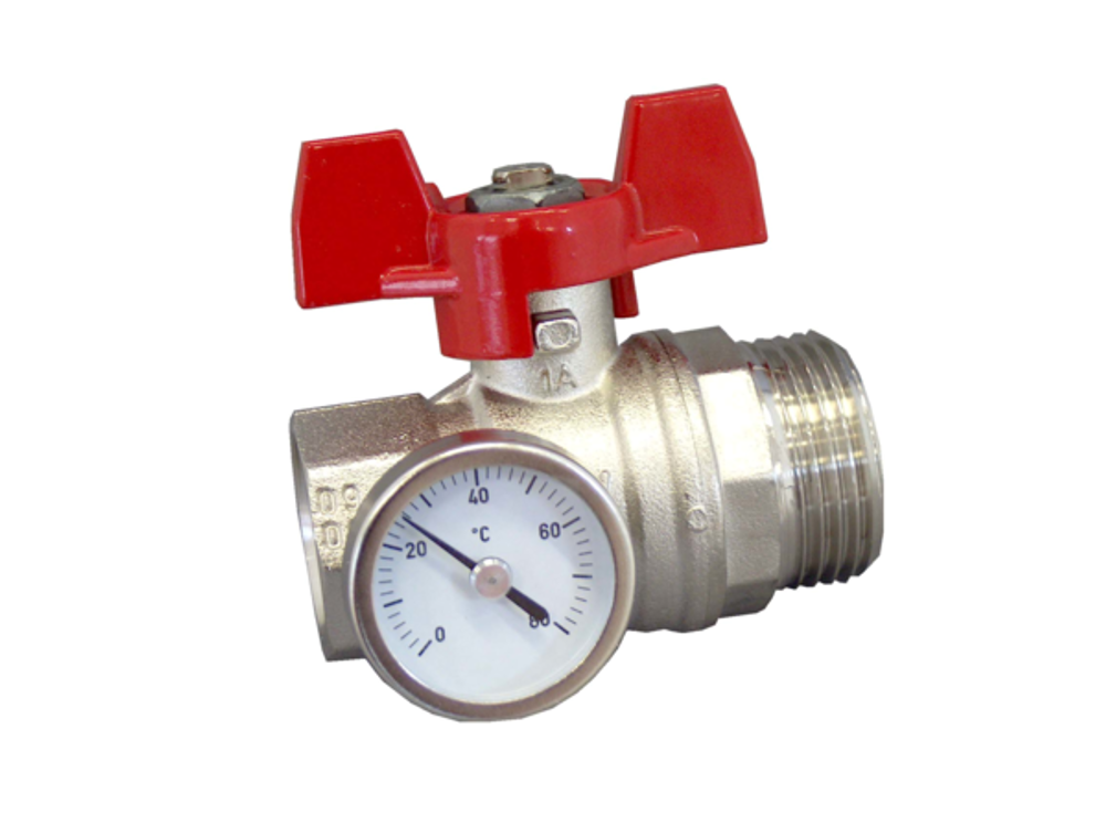 OVENTROP Kugelhahn flachdichtend, rot, mit Thermometer, für Multidis SH/SF/SFQ Heizkreisverteiler, DN 25, 1406484