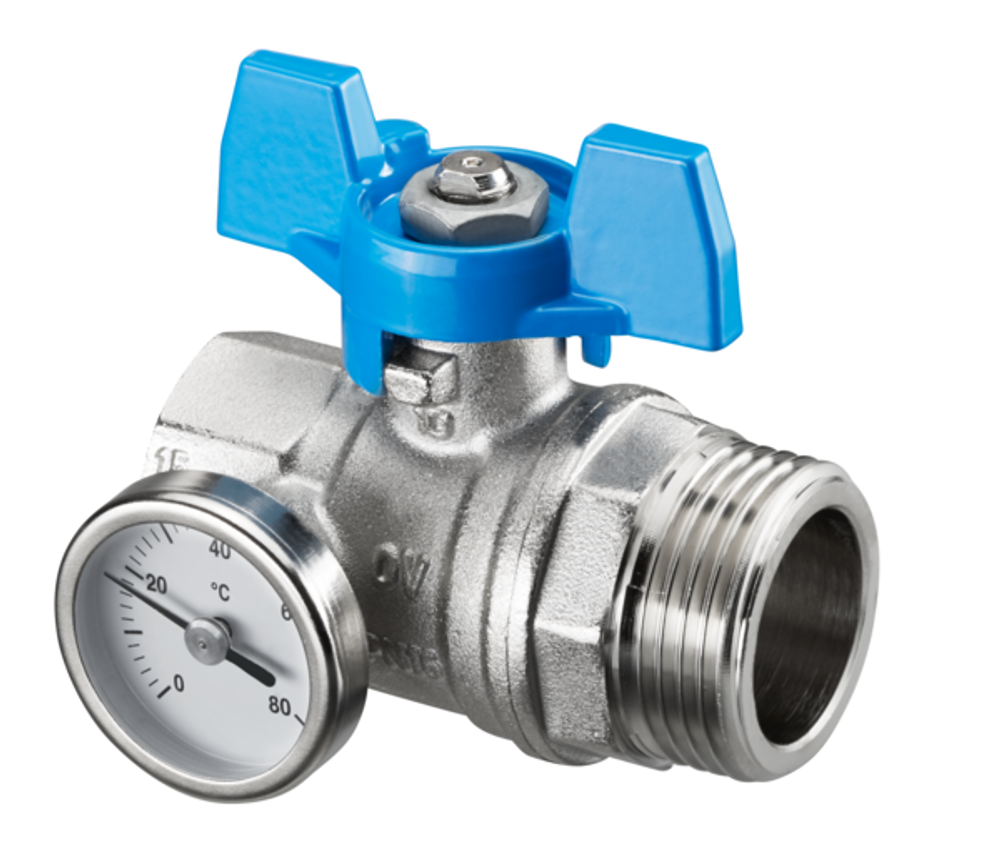 OVENTROP Kugelhahn flachdichtend, blau, mit Thermometer, für Multidis SH/SF/SFQ Heizkreisverteiler, DN 25, 1406584