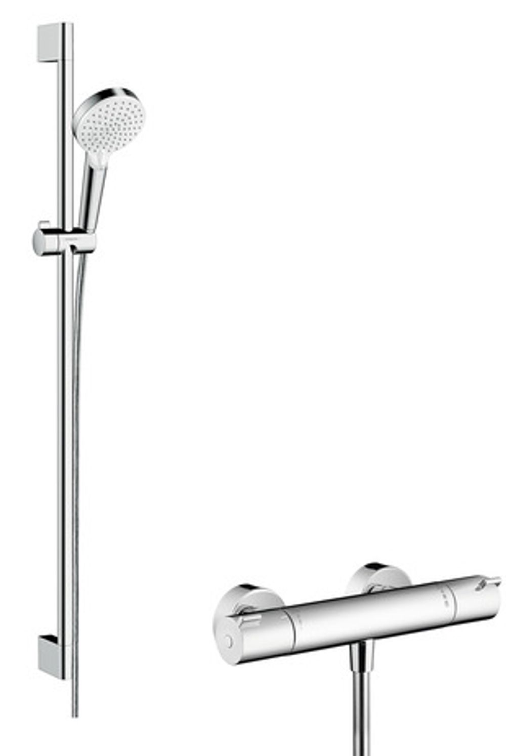 hansgrohe Crometta Brausesystem Aufputz Vario mit Ecostat 1001 CL Thermostat und Brausestange 90 cm Weiß/Chrom, 27813400