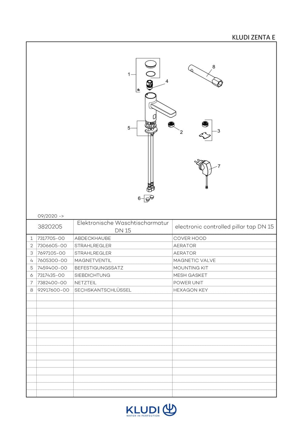 KLUDI ZENTA SL Elektronische WT-Armatur mit Netzteil u.Mischwelle chrom, 3820205