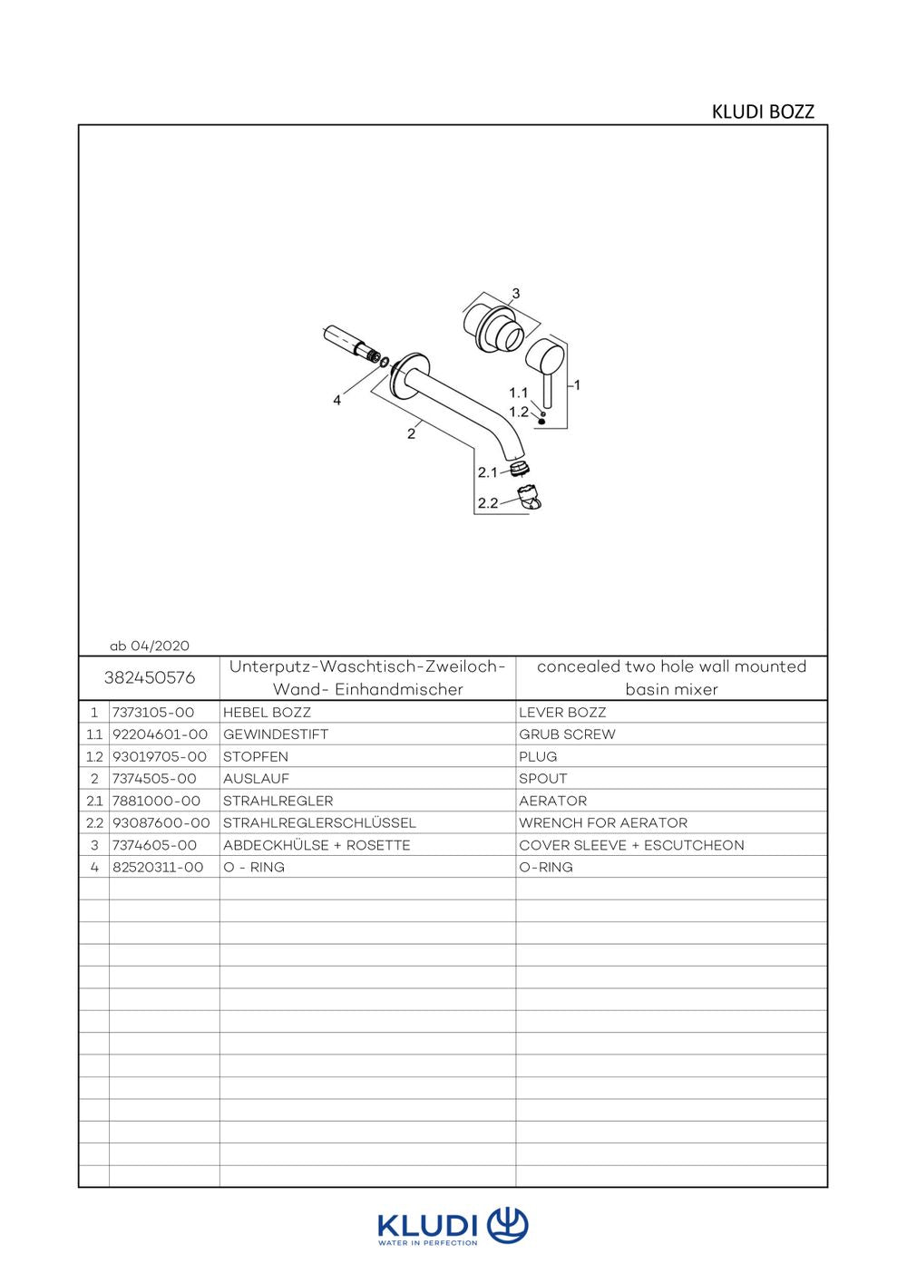 KLUDI BOZZ WT-2LOCH-WAND-EHM Ausladung 230 MM chrom, 382450576