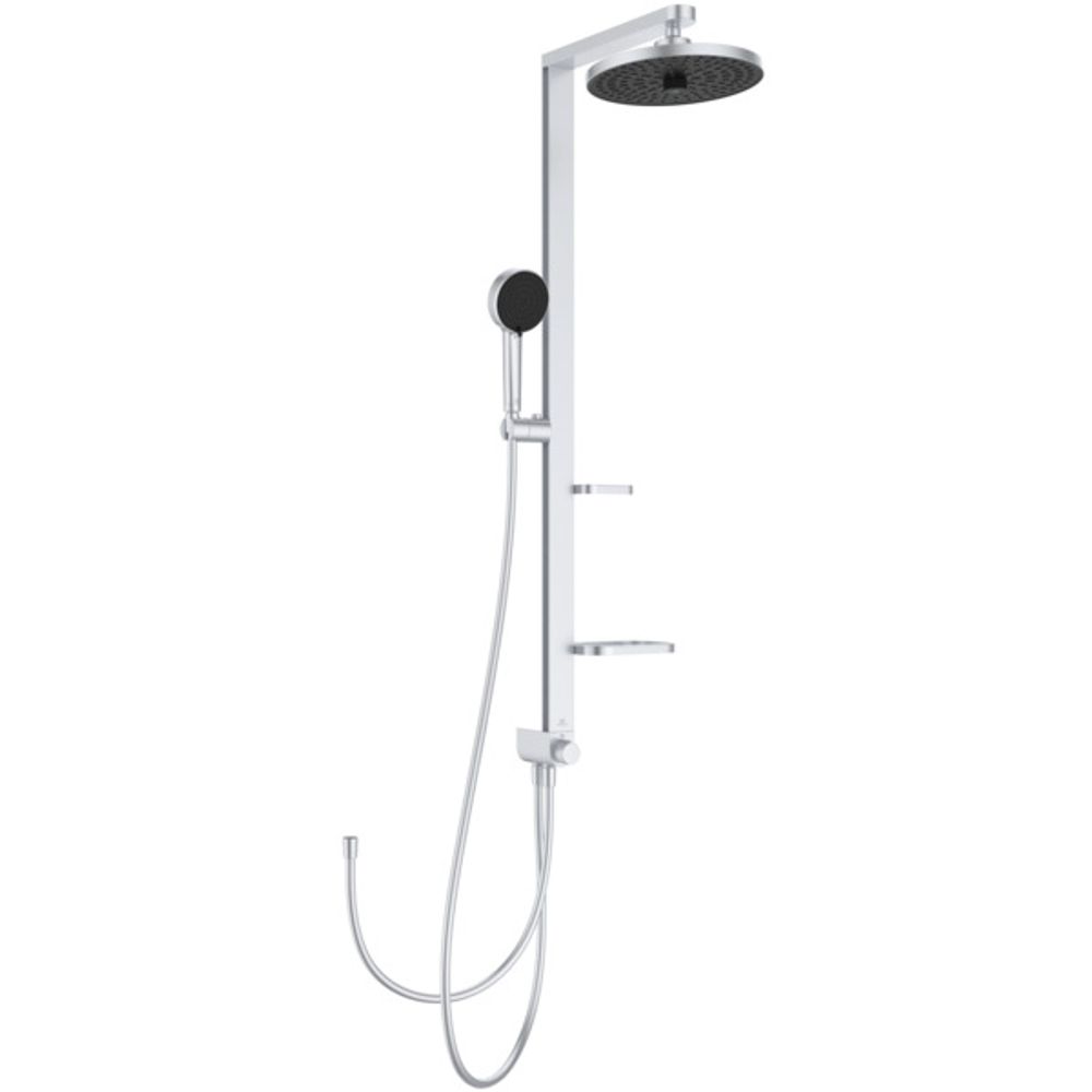 Ideal Standard Duschsystem Alu+ o.Arm., m.2 Ablagen, 2F-HB und 2F-Kopfbrause Silver, BD585SI