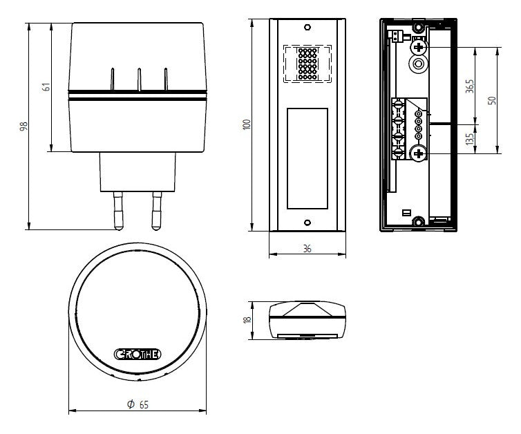 GROTHE Funk-Gong 230V/UC 83dB elektr Kst CALIMA 400 IP20 ws 0,0002-0,15A