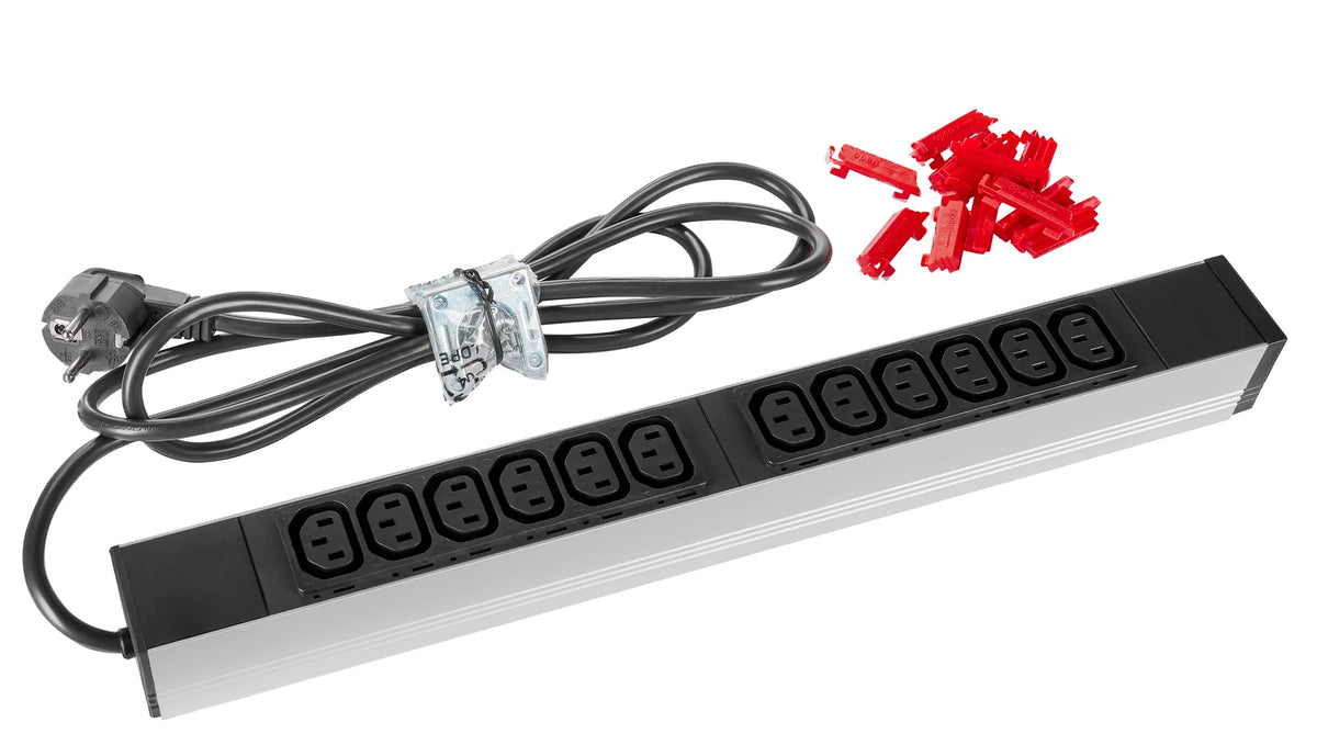 19" Netzleiste 12xIEC C13, Profil ALU 1HE, 2m-Kabel, schwarz