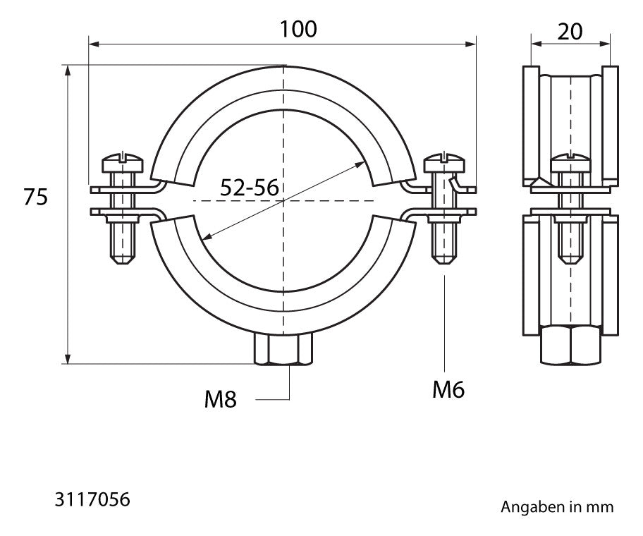 WALRAVEN Rohrschelle Bifix 1301 VA1.4404 52-56 mm EPDM M8 Zweischraubenschelle