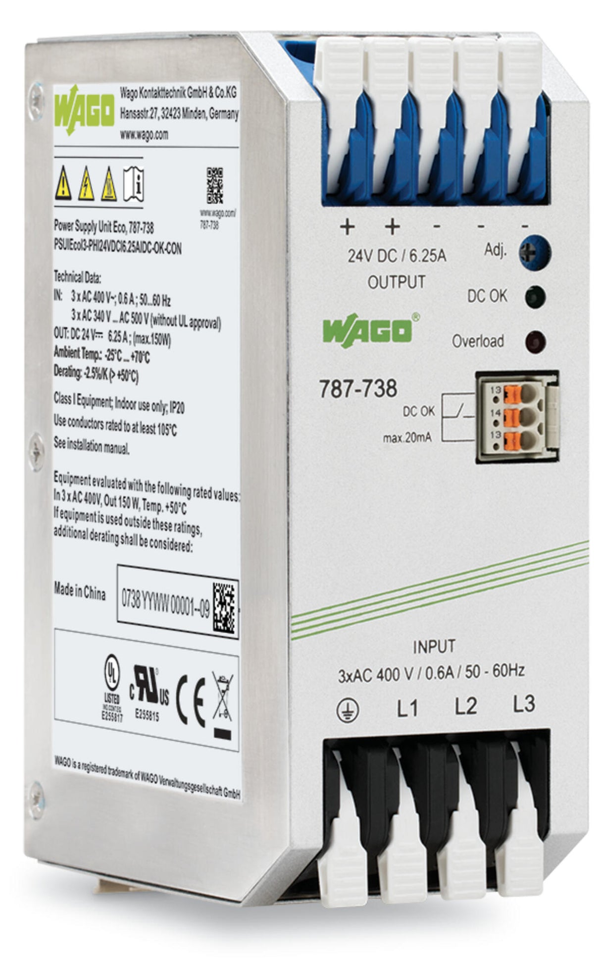 WAGO Gleichstromversorgung 22-28V 150W Serie 787 787-738 325-575VUC 6,25A 3TE
