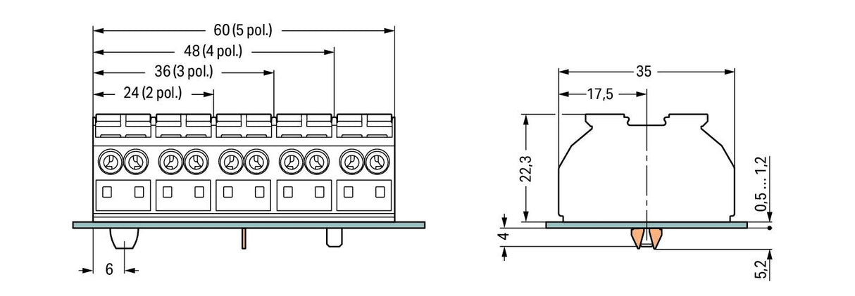 WAGO Klemmleiste 0,5-4qmm 32A 5p 60mm sw Serie 862 862-2525 Thermopl Federzug