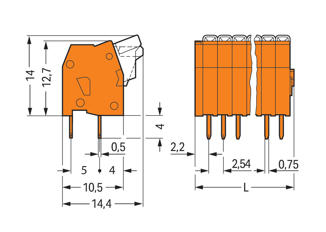 WAGO Printklemme 10f 1re or RM=2,54 Serie 234 234-510 Federzug/Löt 0,25qmm