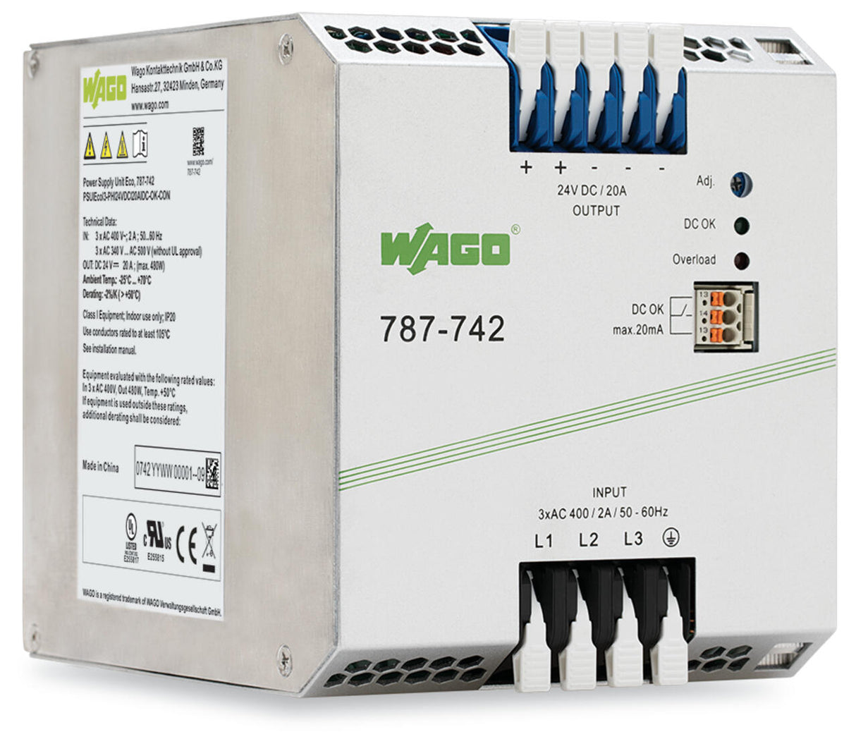 WAGO Gleichstromversorgung 22-28V 480W Serie 787 787-742 325-575VUC 20A 6TE