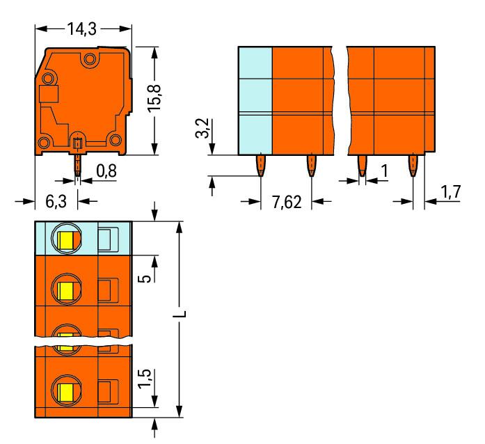 WAGO Printklemme 5f 1re or RM=7,62 Serie 739 739-235 Federzug/Löt