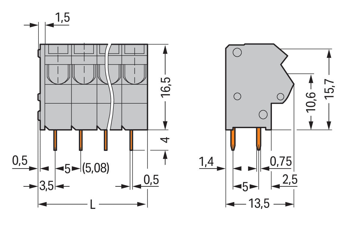 WAGO Printklemme 2f 1re hgn RM=5,08 Serie 254 254-452/000-017 Steckklemm/Löt