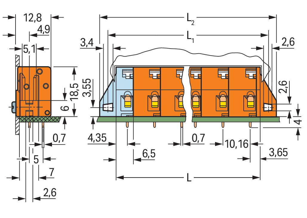 WAGO Printklemme 7f 1re or RM=10,16 Serie 741 741-627 Federzug/Löt