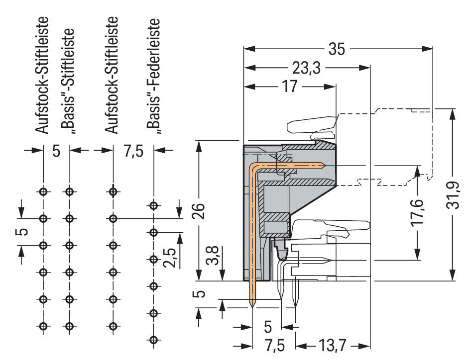 WAGO Platinenstecker Stift 10p gr 1re Serie 232 232-340 5mm zinn Löt