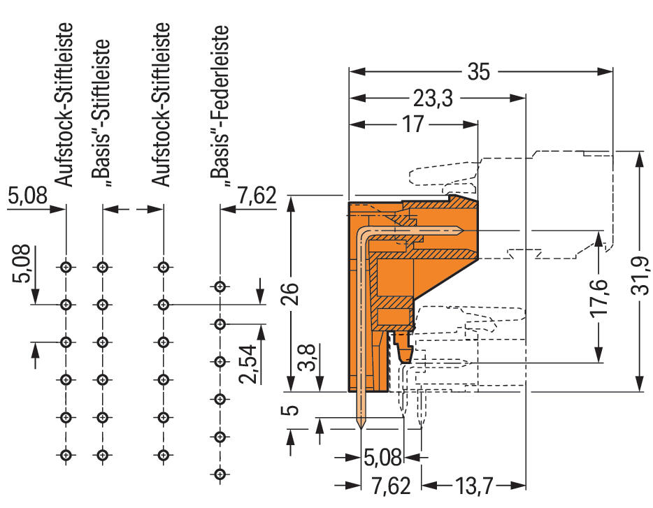 WAGO Platinenstecker Stift 4p or 1re Löt Serie 232 232-364 5,08mm zinn