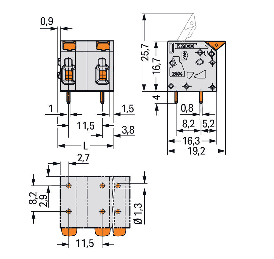 WAGO Printklemme 10f 1re gr RM=11,5 Serie 2604 2604-1510 Federzug/Löt