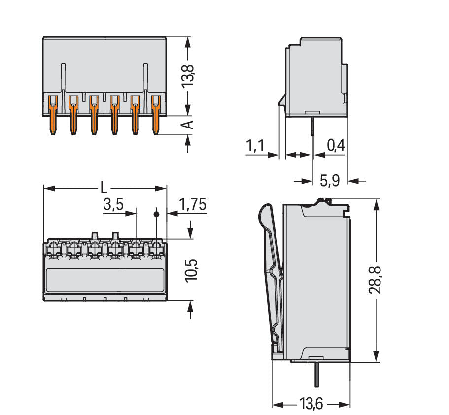 WAGO Platinenstecker Stift 6p lgr 1re Serie 2091 2091-1306 3,5mm zinn Löt