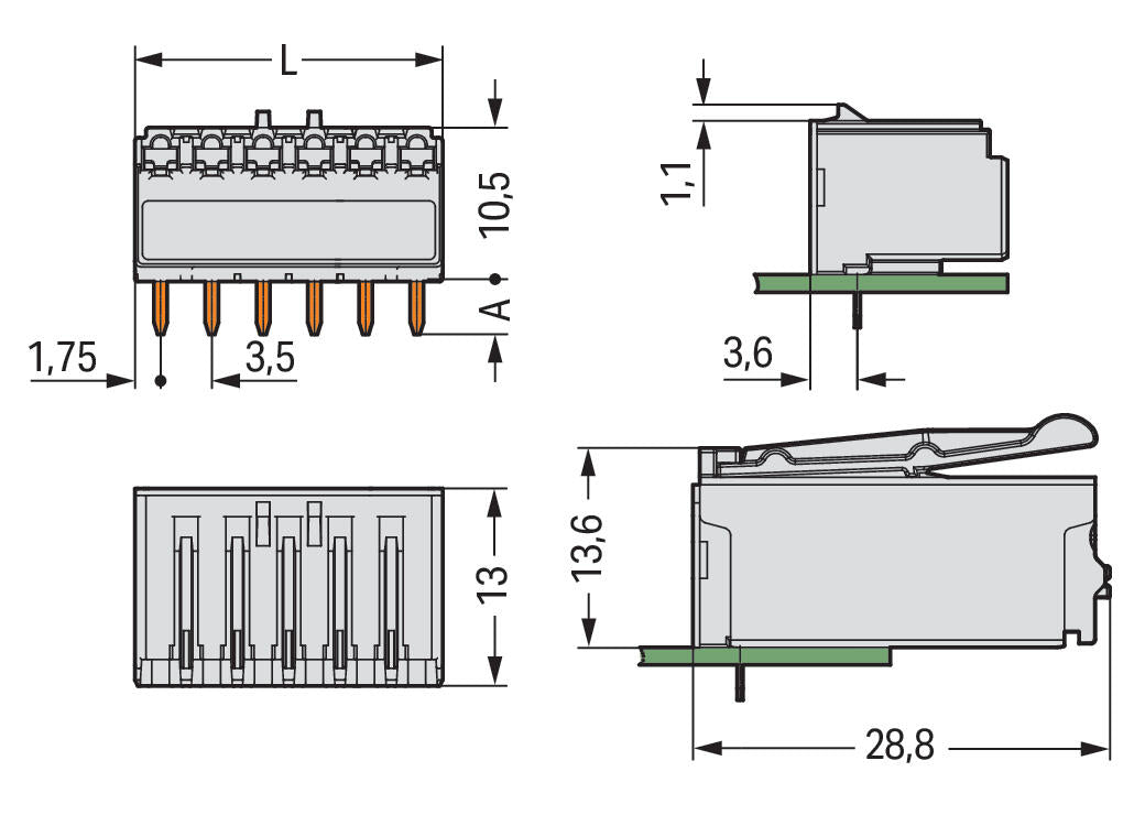 WAGO Platinenstecker Stift 2p lgr 1re Serie 2091 2091-1322 3,5mm zinn Löt 2mm