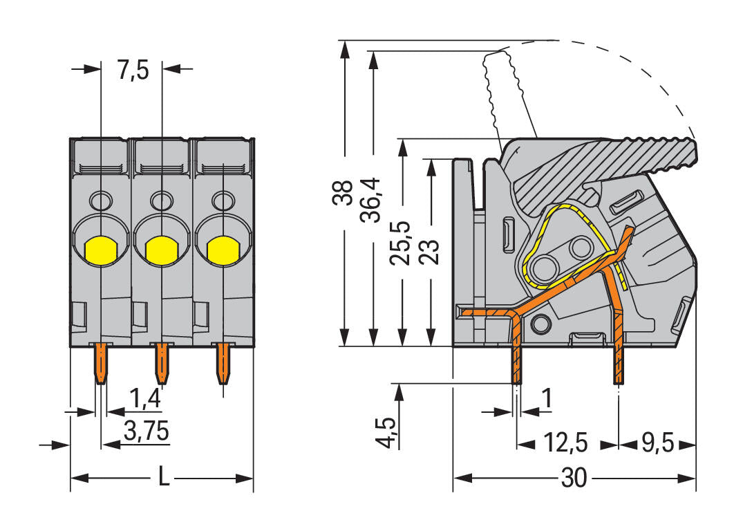 WAGO Printklemme 10f 1re gr RM=7,5 Serie 2706 2706-160 Federzug/Löt