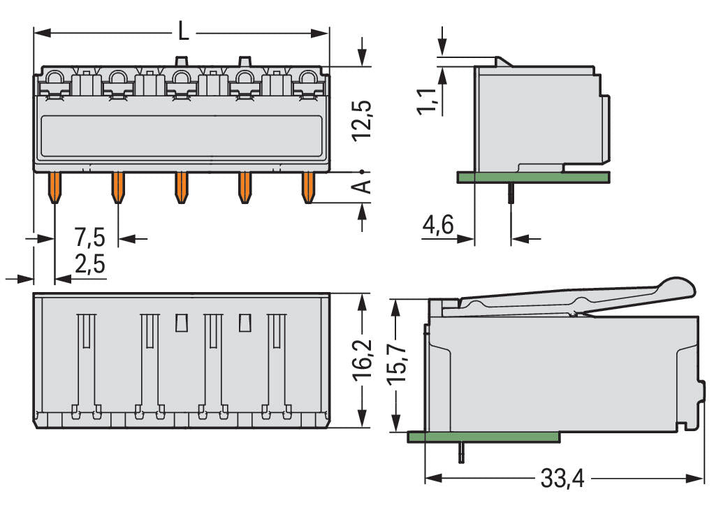 WAGO Platinenstecker Stift 5p lgr 1re Serie 2092 2092-3325 7,5mm zinn Löt