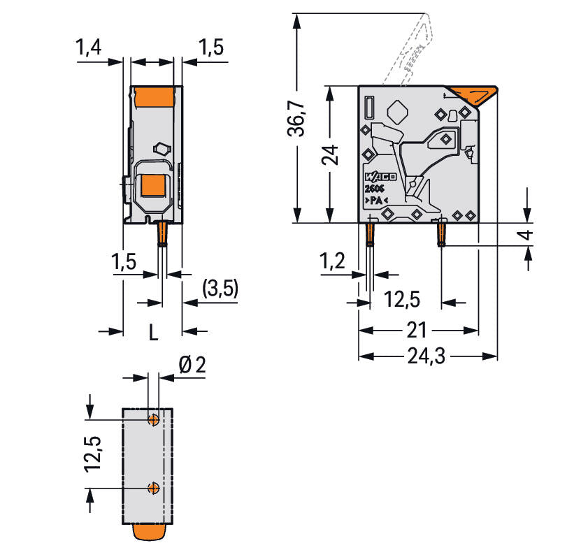 WAGO Printklemme 2f 1re rt RM=7,5 2606-1101/000-005 Federzug/Löt