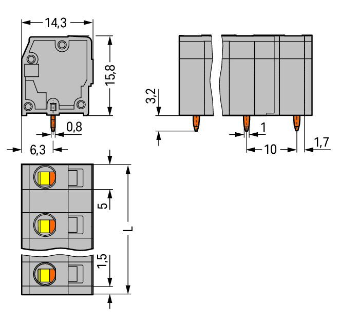 WAGO Printklemme 2f 1re gr RM=10 Serie 739 739-3202 Federzug/Löt