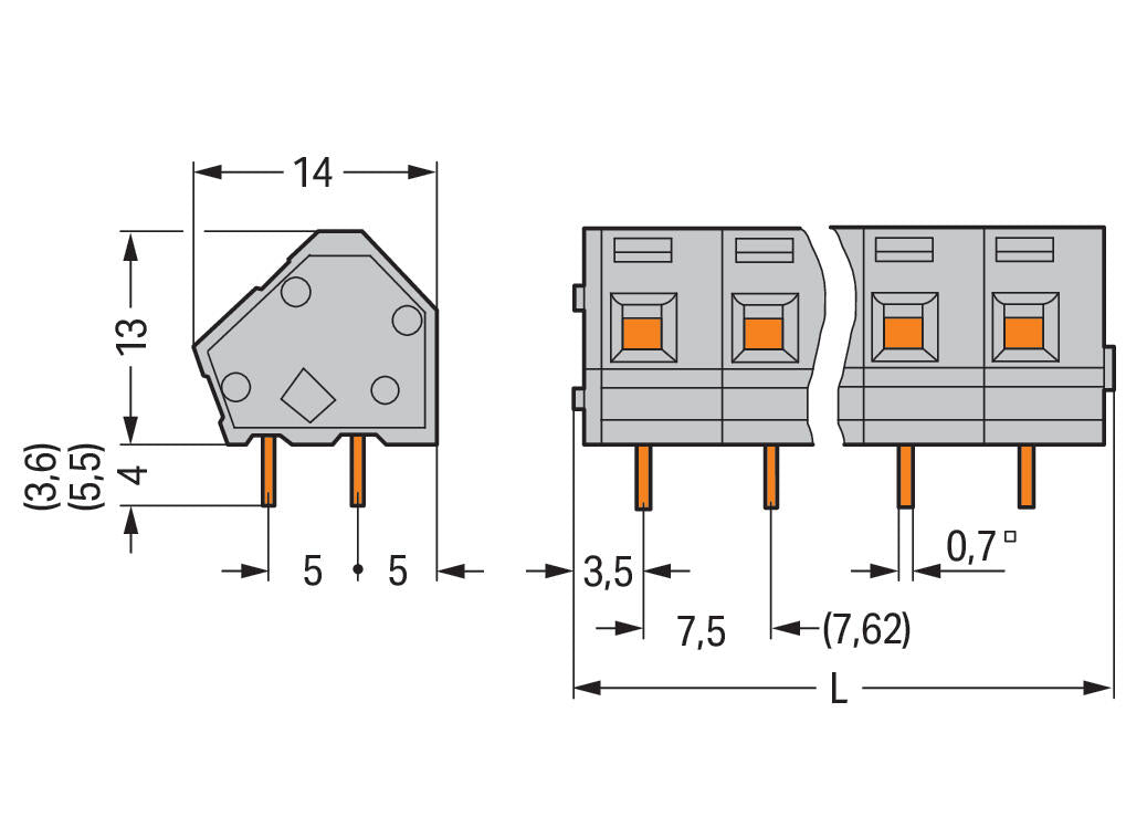 WAGO Printklemme 5f 1re gr RM=7,62 Serie 236 236-505 Federzug/Löt