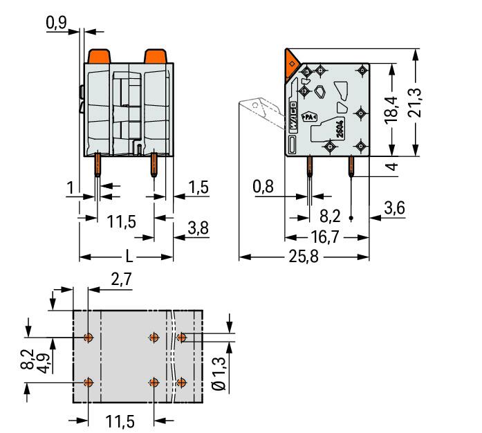 WAGO Printklemme 2f 1re gr RM=11,5 Serie 2604 2604-3502 Federzug/Löt