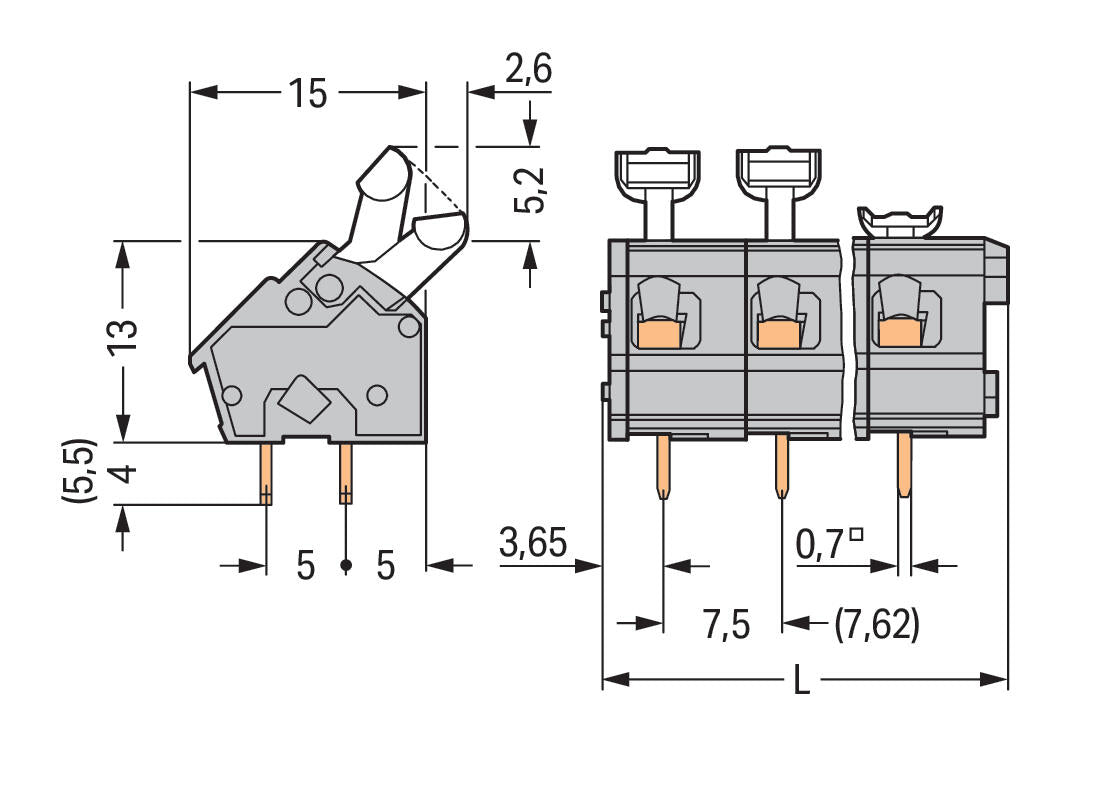 WAGO Printklemme 12f 1re lgr RM=7,62 Serie 256 256-512/000-009/999-950 Federz