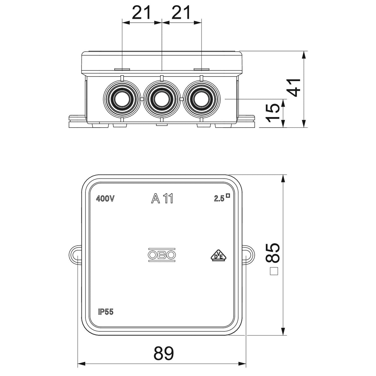 BETTERMANN Abzweigdose IP54 2,5qmm Kst A 11 HF RW 85x85x40mm quadrat hfr